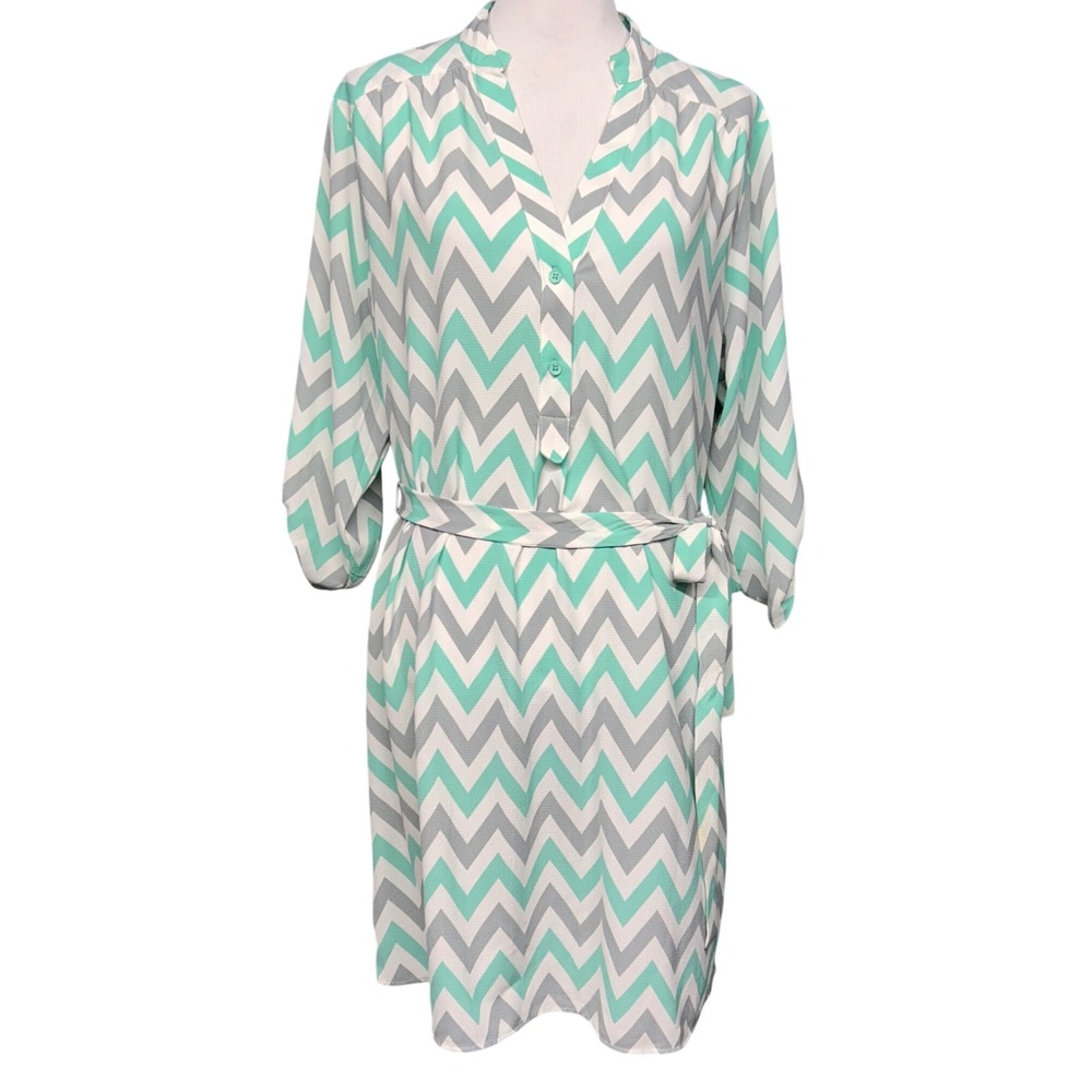 Tacera Dress Women XL Green Gray Chevron NWT Belted 3/4 Roll Tab Slv Knee Length